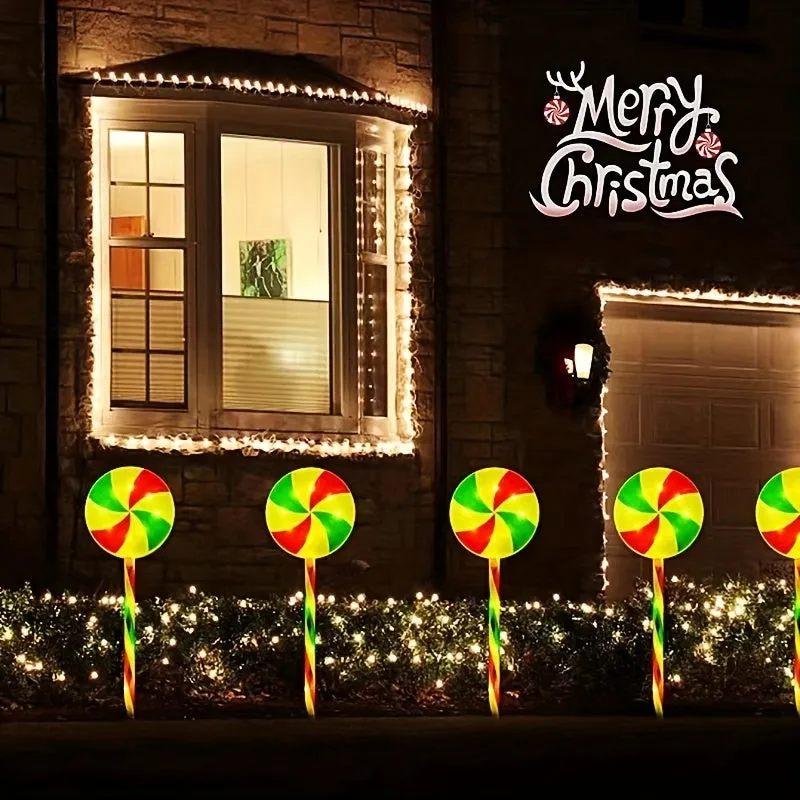 1 Set, 5 in 1 Solar IP44 Waterproof Christmas Red And Green Windmill Lollipop Ground Lights, Perfect for Christmas Outdoor Decorations, Patios, Gardens, Sidewalks And Lawn Decorations!
