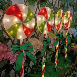 1 Set, 5 in 1 Solar IP44 Waterproof Christmas Red And Green Windmill Lollipop Ground Lights, Perfect for Christmas Outdoor Decorations, Patios, Gardens, Sidewalks And Lawn Decorations!