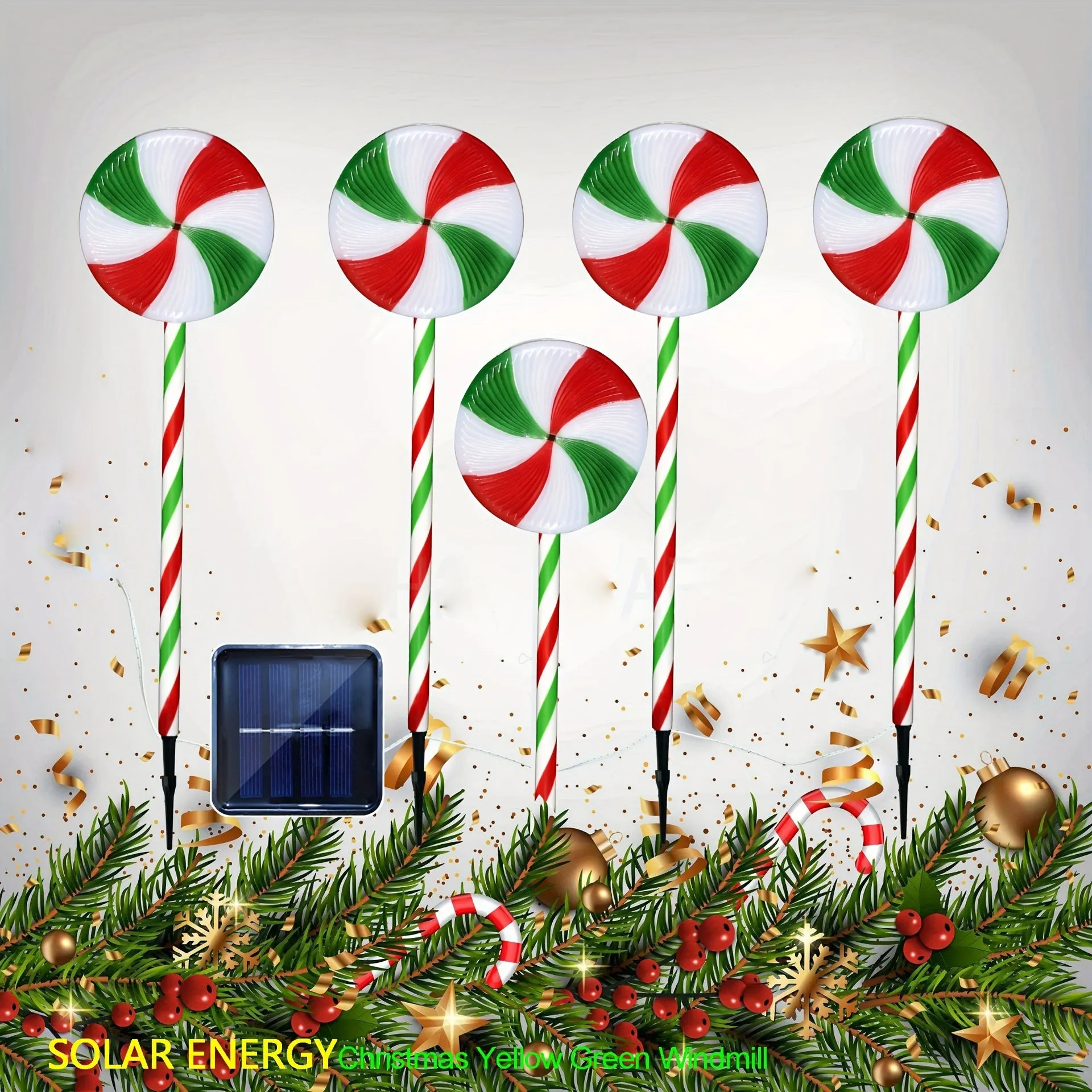 1 Set, 5 in 1 Solar IP44 Waterproof Christmas Red And Green Windmill Lollipop Ground Lights, Perfect for Christmas Outdoor Decorations, Patios, Gardens, Sidewalks And Lawn Decorations!