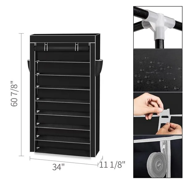 10-Tier Shoe Rack with Dustproof Cover | Black | Holds up to 27 Pairs of Shoes
