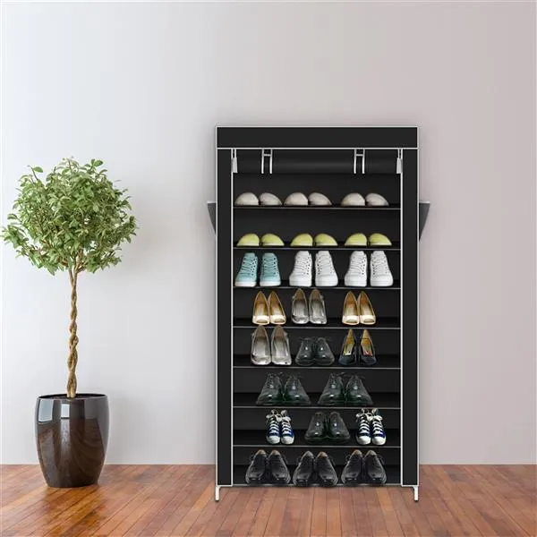 10-Tier Shoe Rack with Dustproof Cover | Black | Holds up to 27 Pairs of Shoes