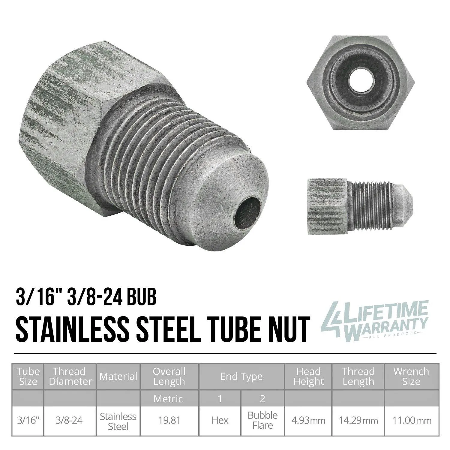 3/16" (3/8-24 Bubble) Stainless Steel Brake Line Tube Nut | 10ct