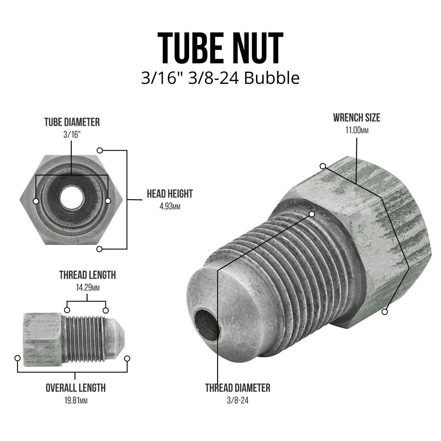 3/16" (3/8-24 Bubble) Stainless Steel Brake Line Tube Nut | 10ct