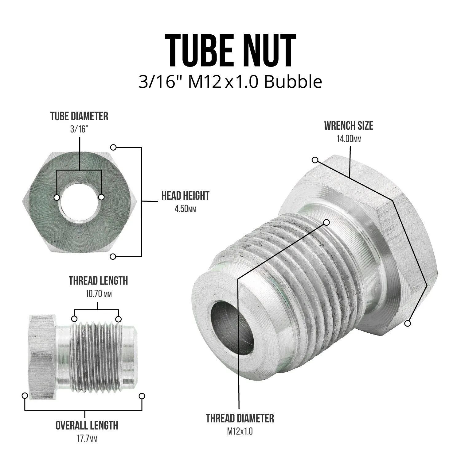 3/16" (M12x1.0 Bubble) Stainless Steel Tube Nut |  10ct
