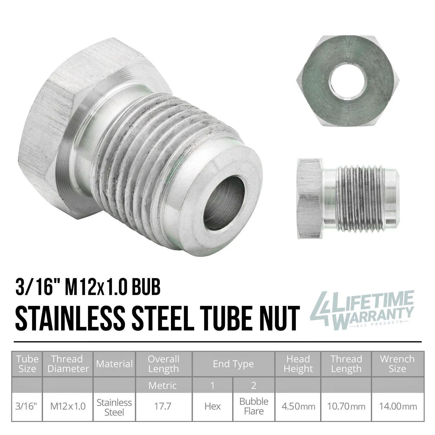 3/16" (M12x1.0 Bubble) Stainless Steel Tube Nut |  10ct