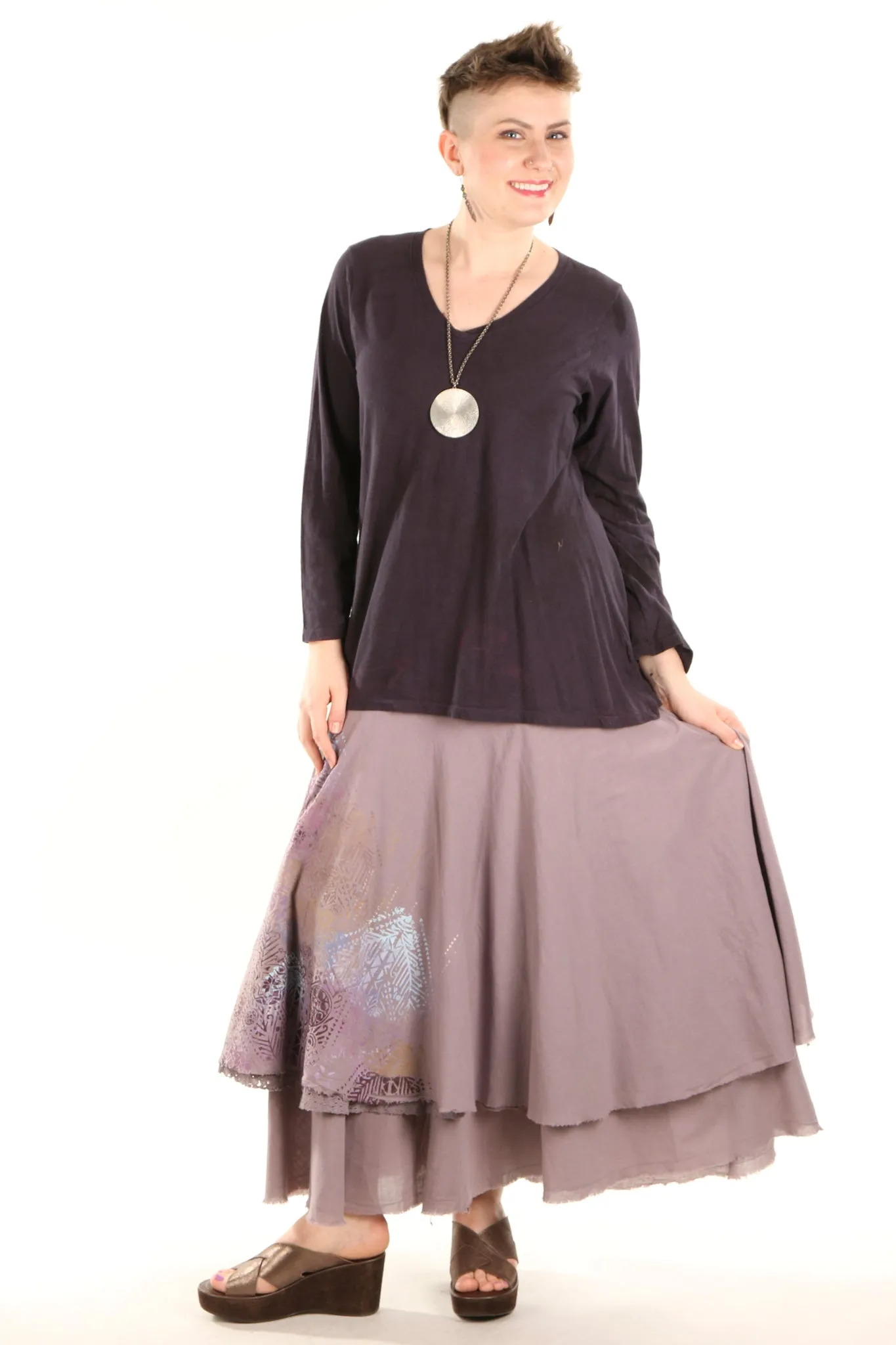 4113 Lace Tiered Skirt Hand Printed Pink Quartz-P