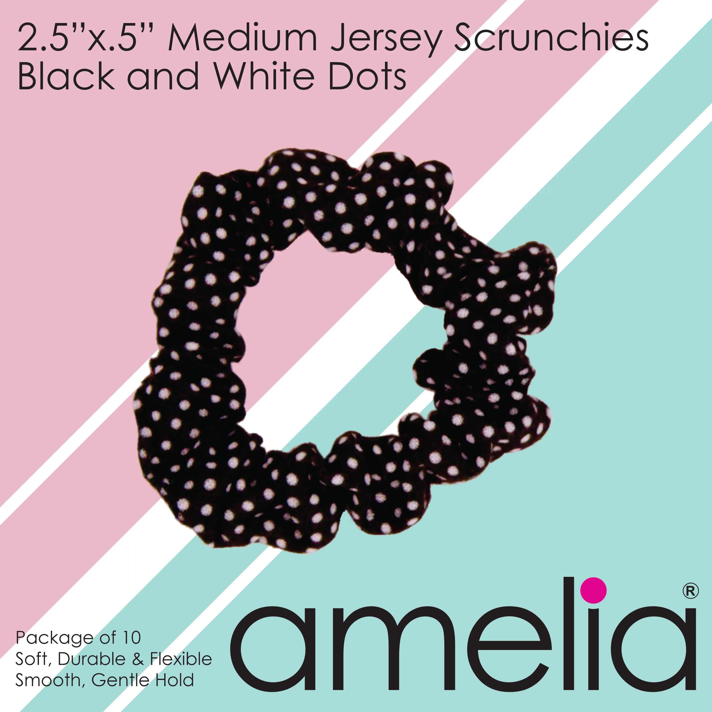 Amelia Beauty, Medium Black White Dot Jersey Scrunchies, 2.5in Diameter, Gentle on Hair, Strong Hold, No Snag, No Dents or Creases. 10 Pack