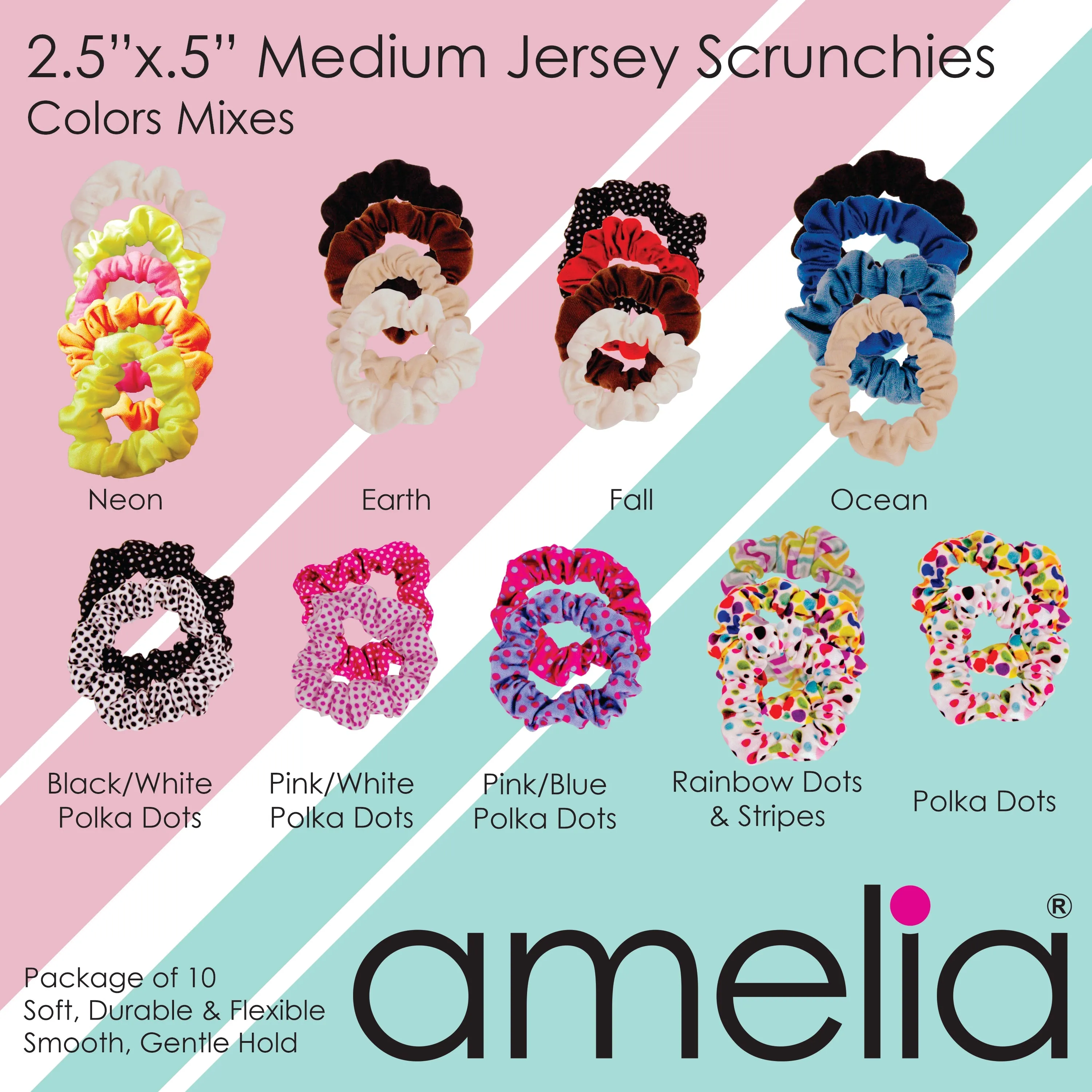 Amelia Beauty, Medium Neon Orange Jersey Scrunchies, 2.5in Diameter, Gentle on Hair, Strong Hold, No Snag, No Dents or Creases. 10 Pack