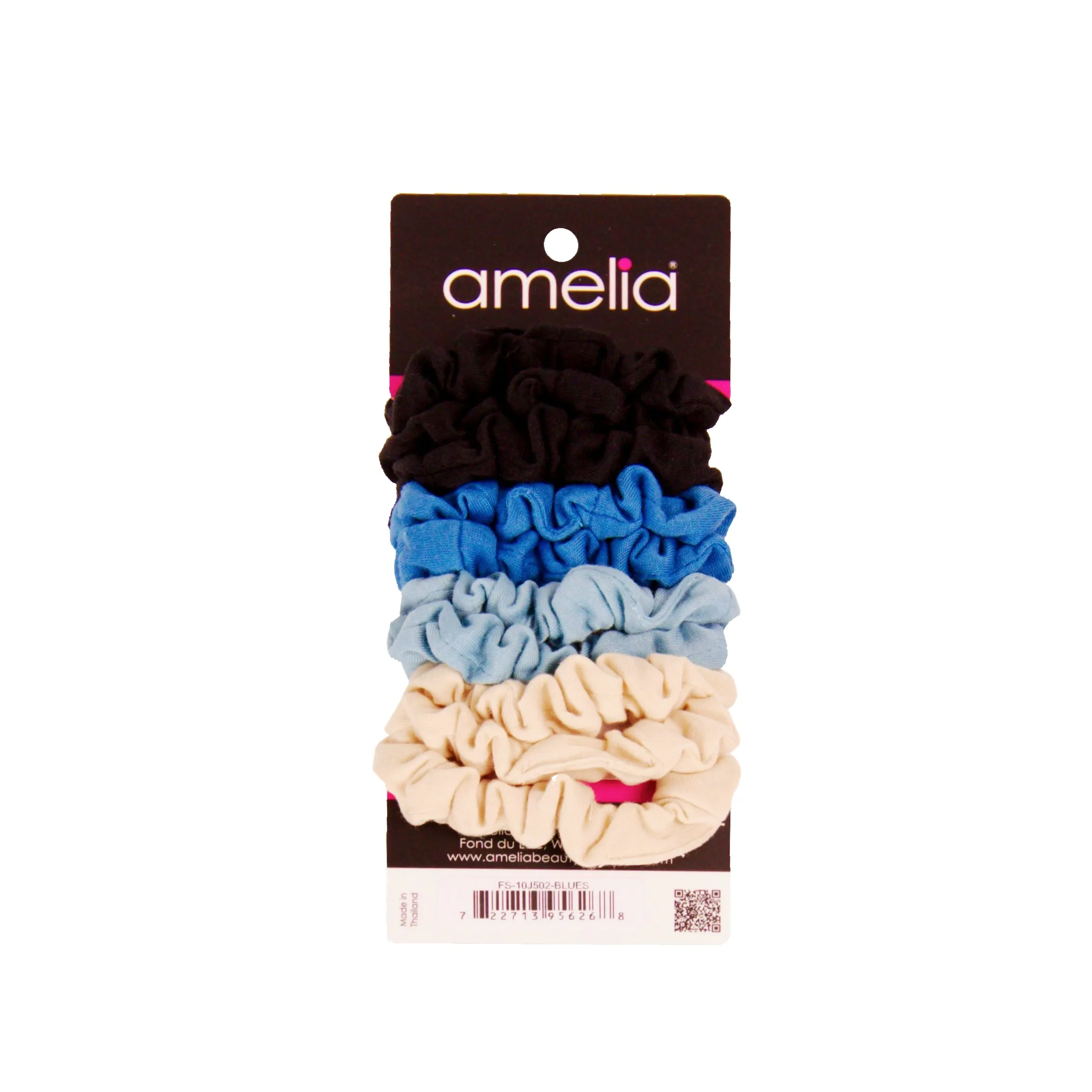 Amelia Beauty, Medium Ocean Mix Jersey Scrunchies, 2.5in Diameter, Gentle on Hair, Strong Hold, No Snag, No Dents or Creases. 10 Pack