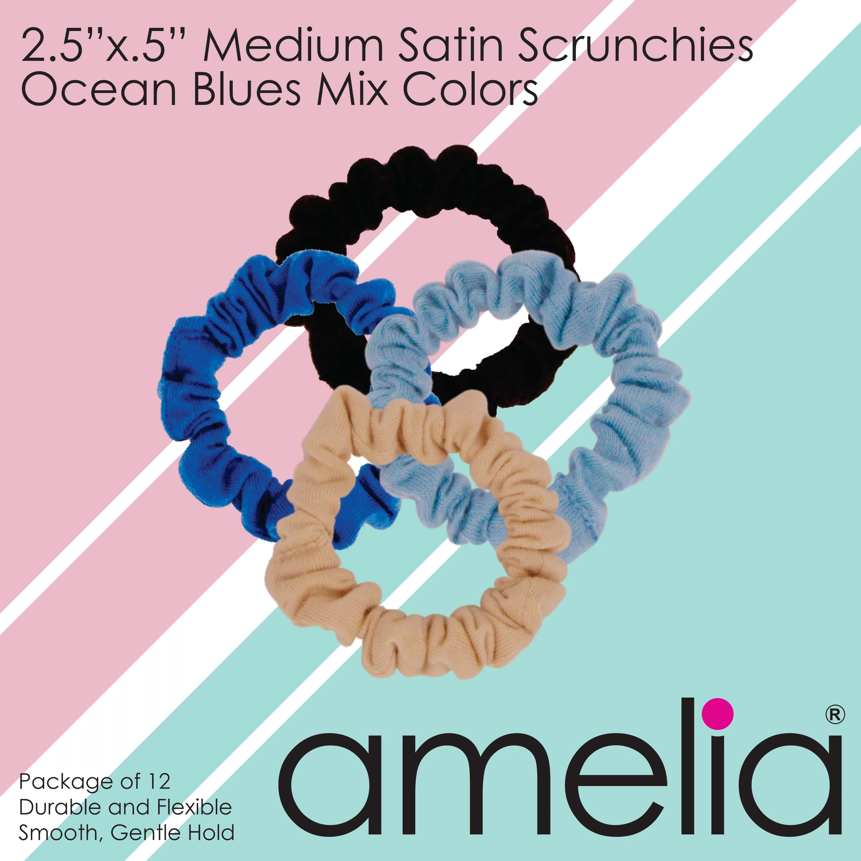 Amelia Beauty, Medium Ocean Mix Jersey Scrunchies, 2.5in Diameter, Gentle on Hair, Strong Hold, No Snag, No Dents or Creases. 10 Pack