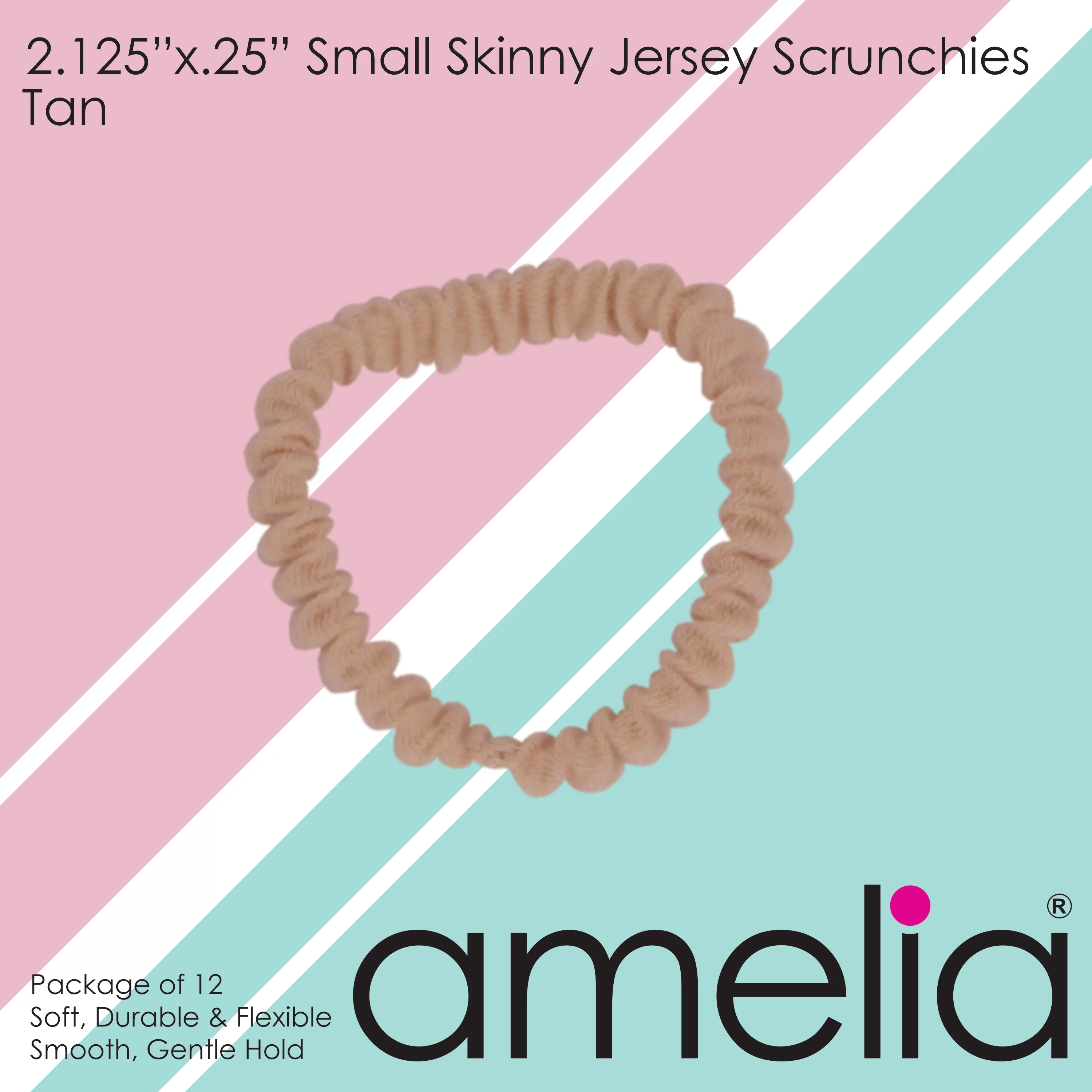 Amelia Beauty, Tan Skinny Jersey Scrunchies, 2.125in Diameter, Gentle on Hair, Strong Hold, No Snag, No Dents or Creases. 12 Pack