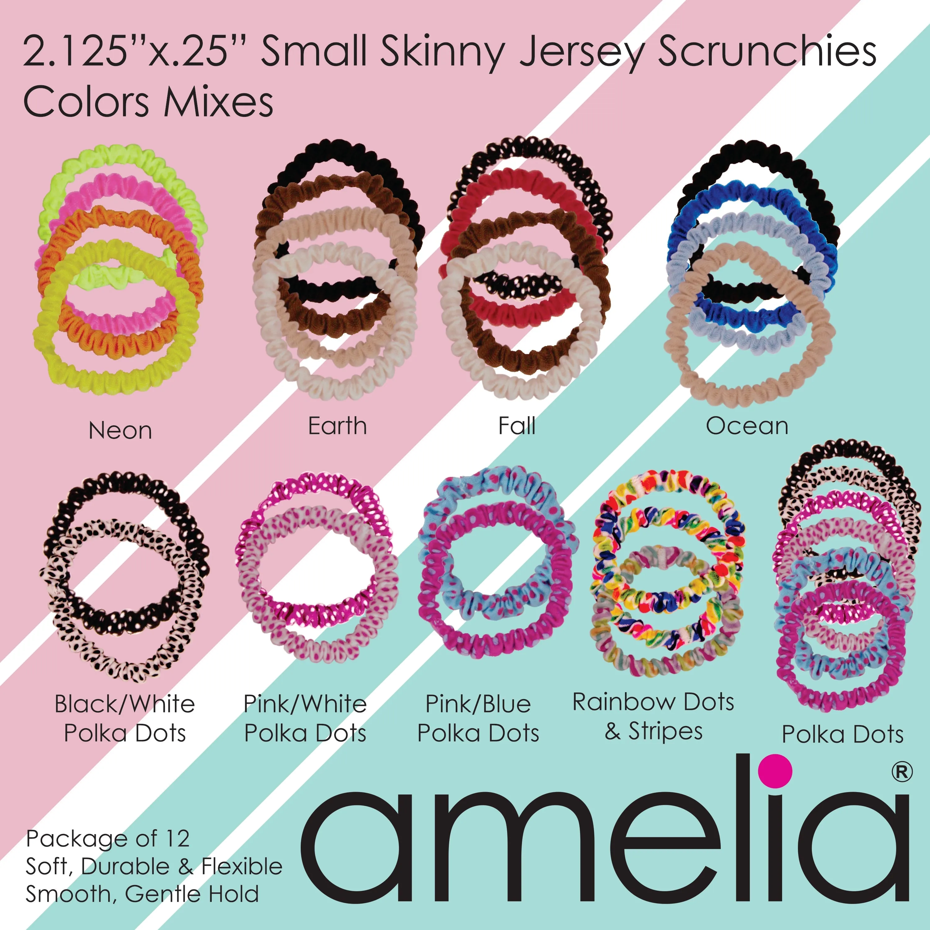 Amelia Beauty, Tan Skinny Jersey Scrunchies, 2.125in Diameter, Gentle on Hair, Strong Hold, No Snag, No Dents or Creases. 12 Pack