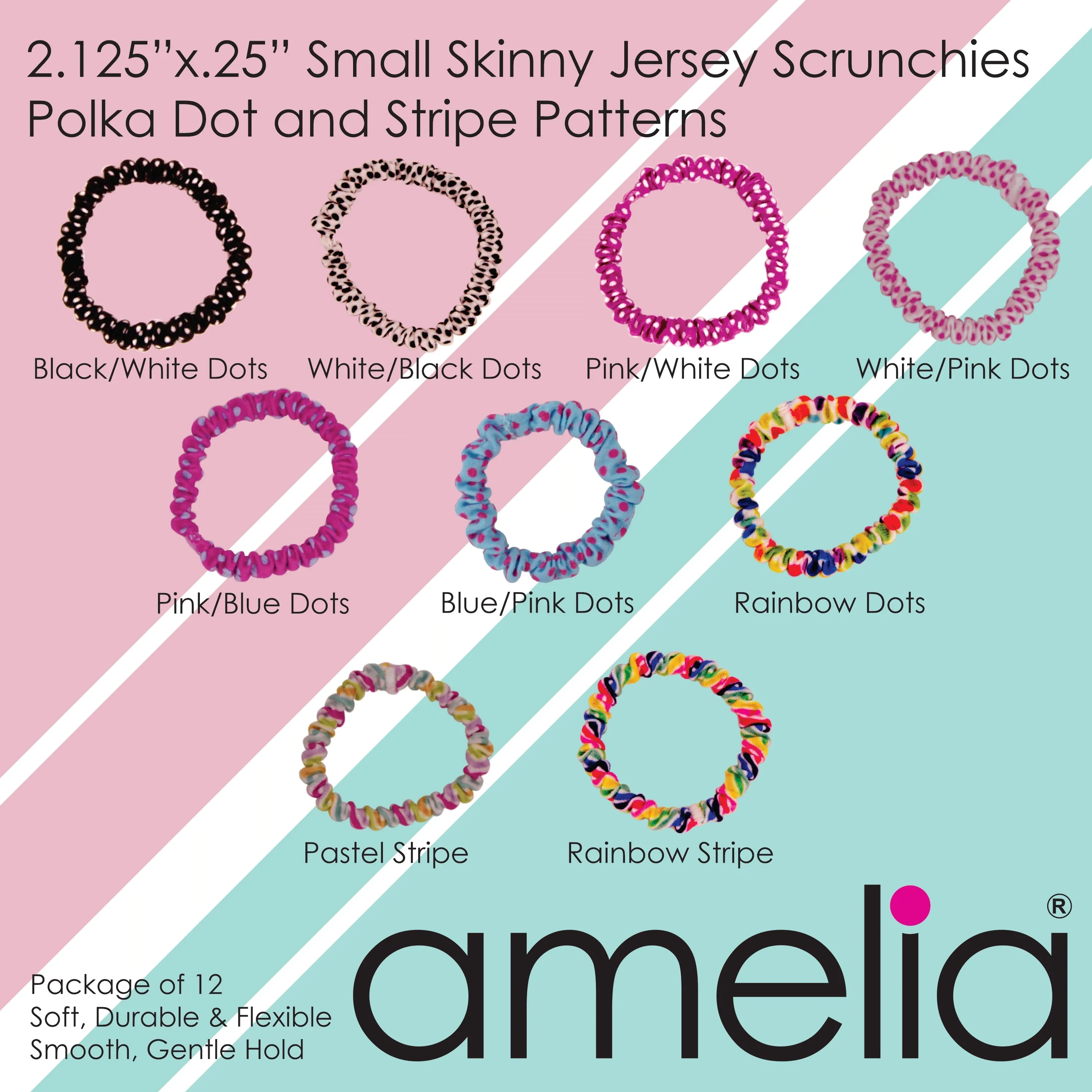 Amelia Beauty, Tan Skinny Jersey Scrunchies, 2.125in Diameter, Gentle on Hair, Strong Hold, No Snag, No Dents or Creases. 12 Pack