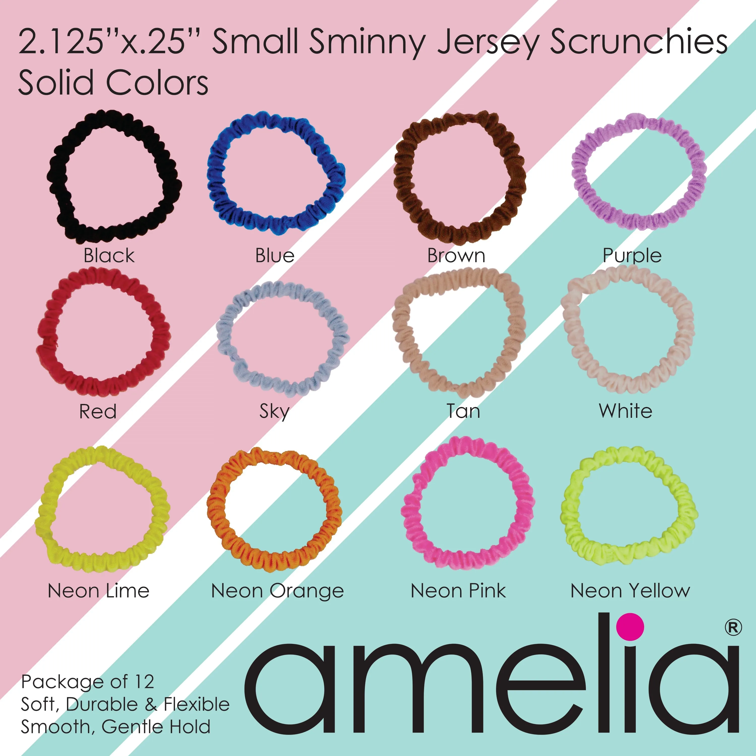 Amelia Beauty, Tan Skinny Jersey Scrunchies, 2.125in Diameter, Gentle on Hair, Strong Hold, No Snag, No Dents or Creases. 12 Pack
