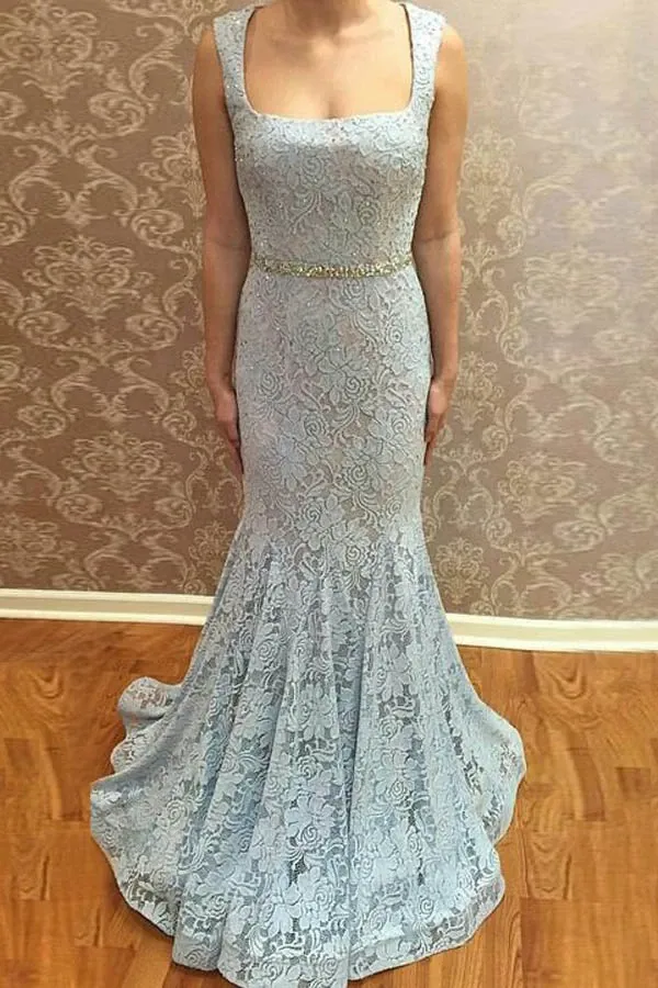 Anneprom Mermaid Square Neck Sweep Train Blue Lace Prom Dress With Beading APP0182