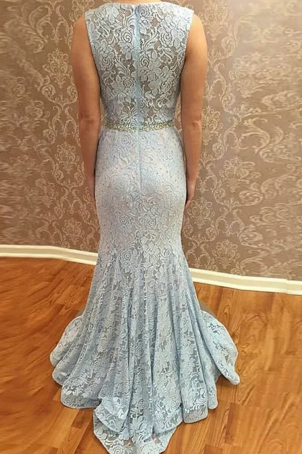 Anneprom Mermaid Square Neck Sweep Train Blue Lace Prom Dress With Beading APP0182