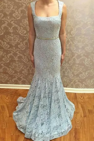 Anneprom Mermaid Square Neck Sweep Train Blue Lace Prom Dress With Beading APP0182