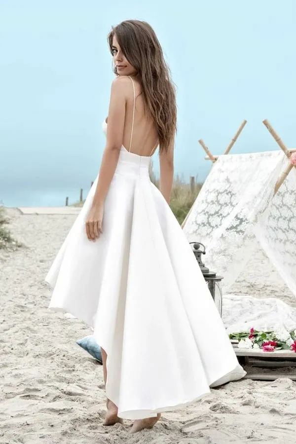 Anneprom Straps High Low Ivory Satin Sleeveless Backless Prom Dress APP0201