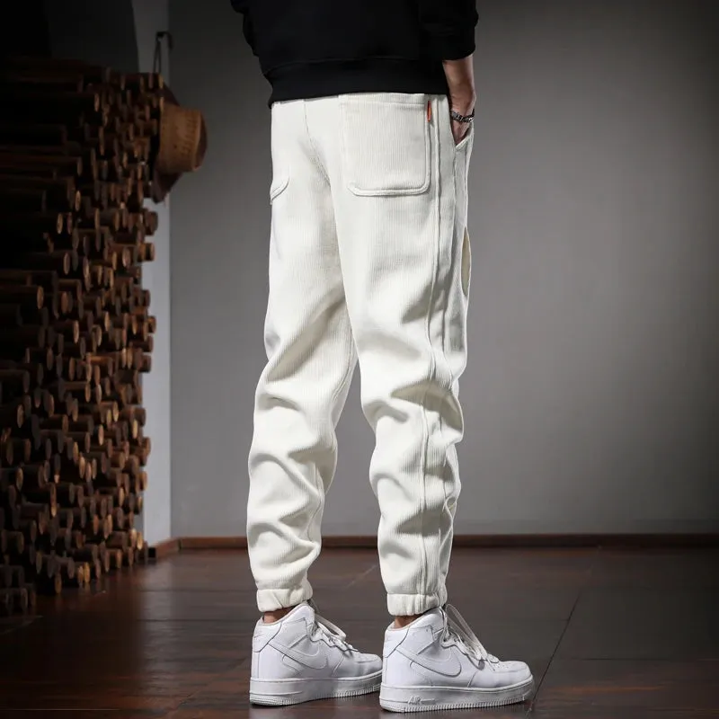 Autumn Beige Baggy Pants: Casual Sports Elastic Waist Drawstring Jogging Trousers for Men