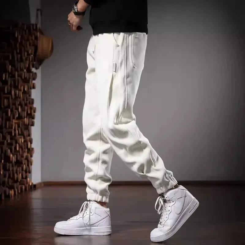Autumn Beige Baggy Pants: Casual Sports Elastic Waist Drawstring Jogging Trousers for Men