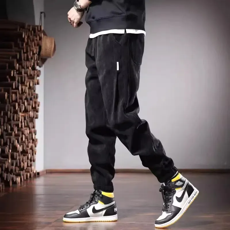 Autumn Beige Baggy Pants: Casual Sports Elastic Waist Drawstring Jogging Trousers for Men