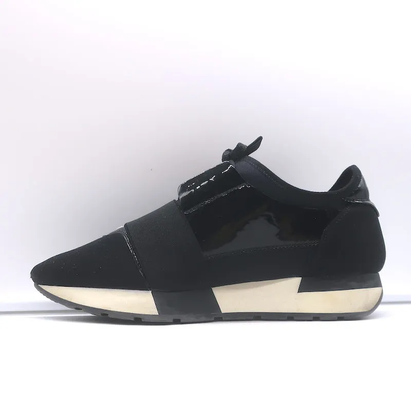 Balenciaga Race Runner Low Top Sneakers Black Neoprene & Patent Leather Size 37