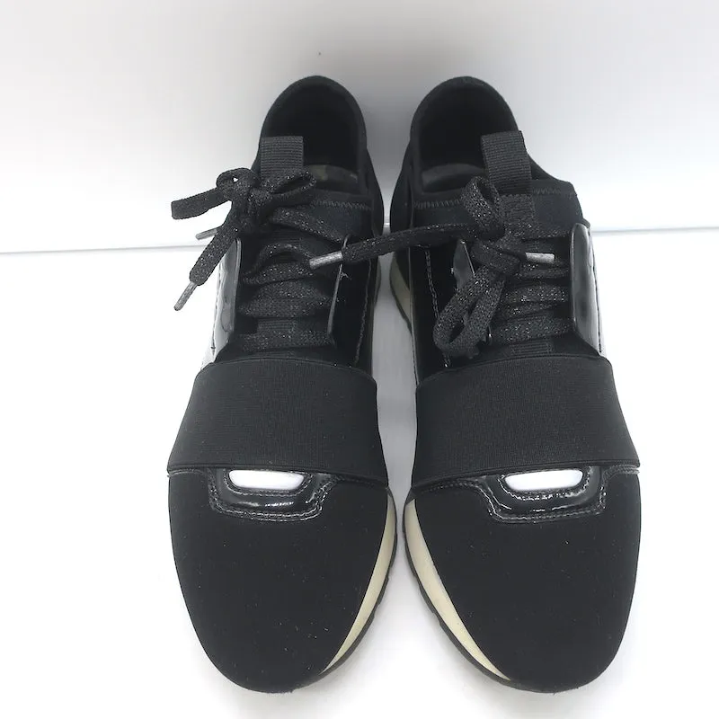 Balenciaga Race Runner Low Top Sneakers Black Neoprene & Patent Leather Size 37