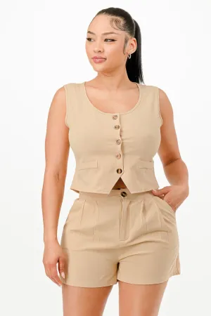 Beige Casual Cropped Vest And Short Set