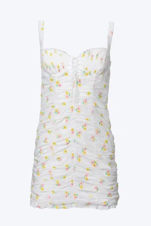 CELIA SHIRRED FLORAL-EMBROIDERED LACE-UP OPEN-BACK MINI DRESS