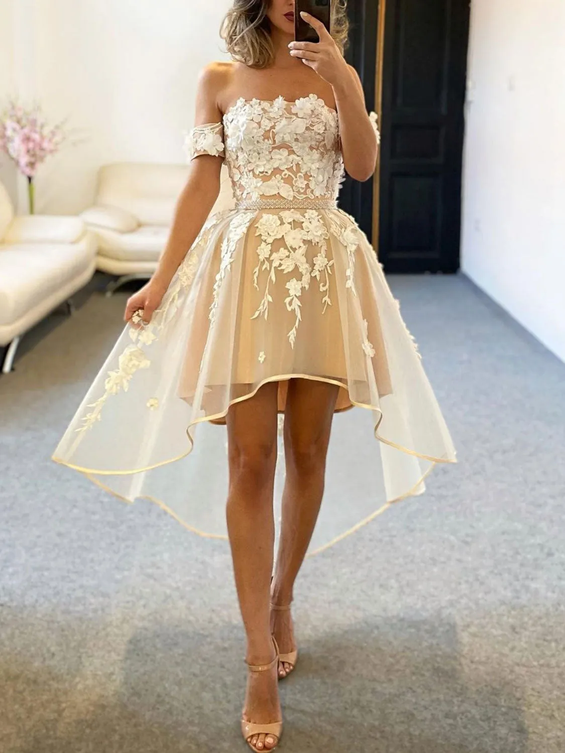 Champagne high low lace prom dress champagne lace homecoming dress