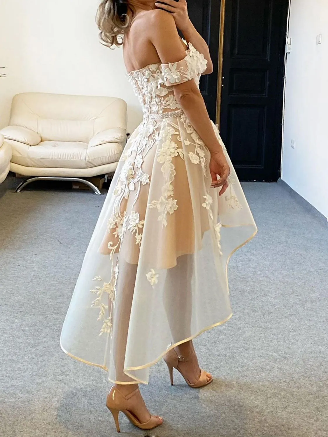 Champagne high low lace prom dress champagne lace homecoming dress