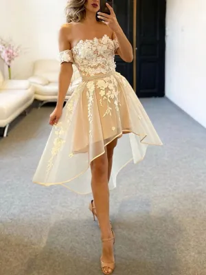 Champagne high low lace prom dress champagne lace homecoming dress
