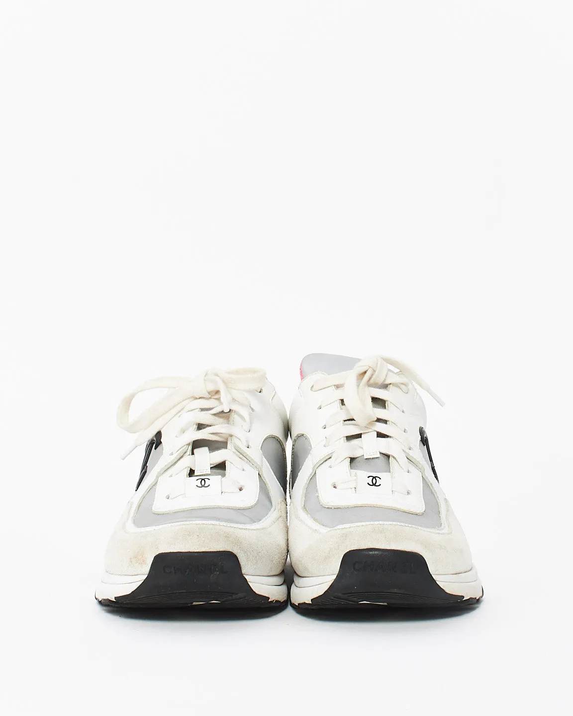 Chanel White Black Pink Suede & Leather CC Logo Low Top Trainer 39.5