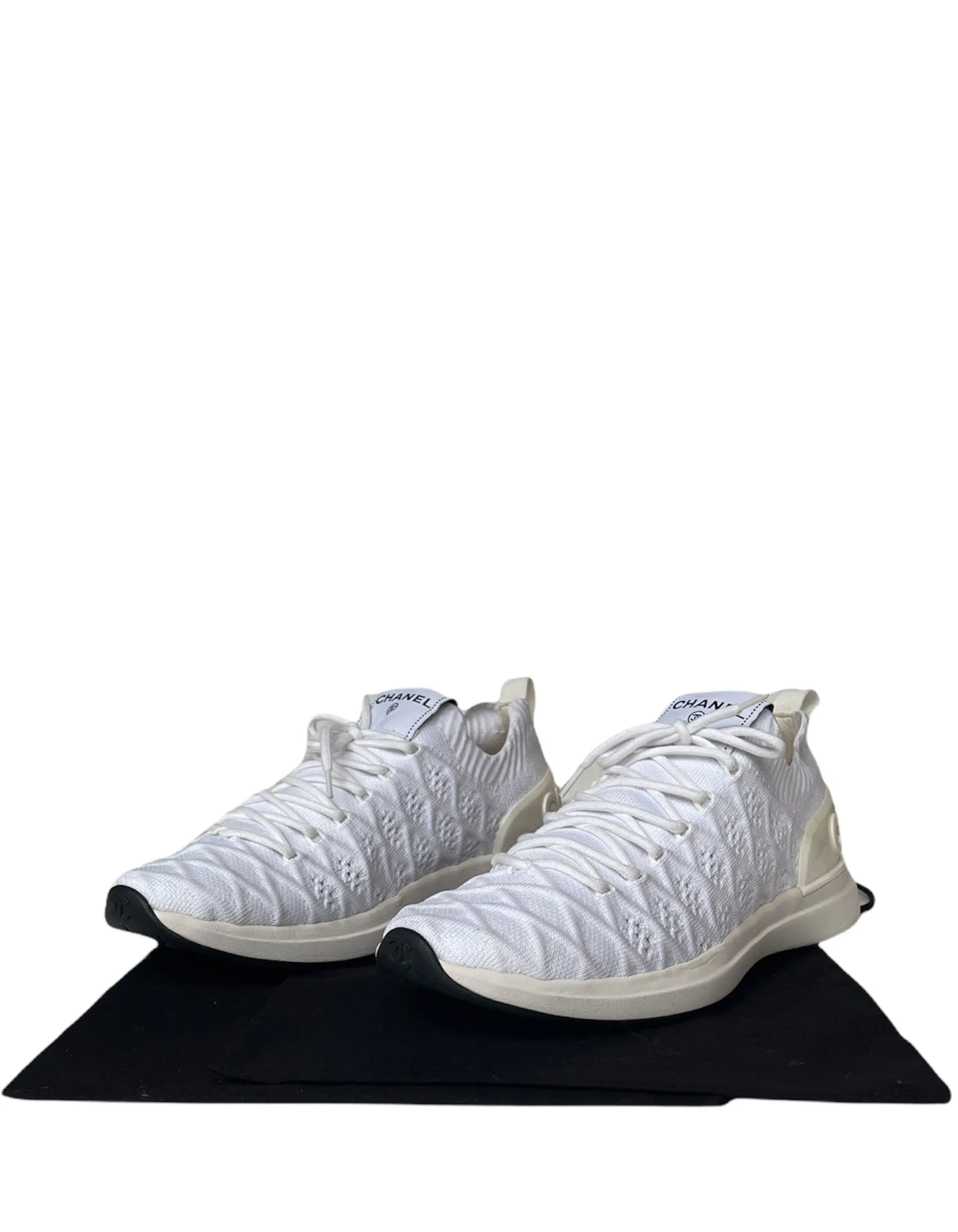 Chanel White Quilted Knit Sock Low Top Athletic Sneakers sz 38.5