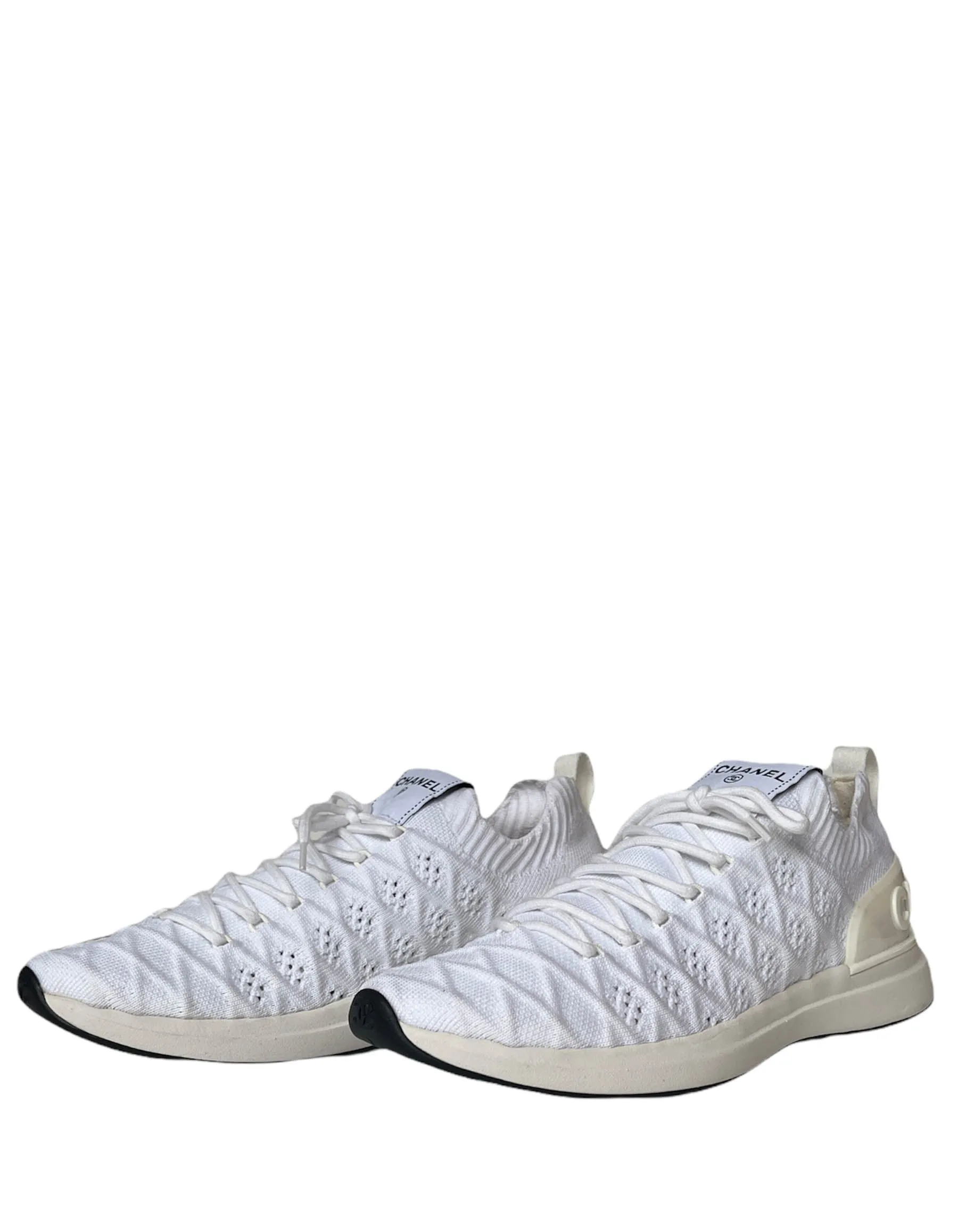 Chanel White Quilted Knit Sock Low Top Athletic Sneakers sz 38.5