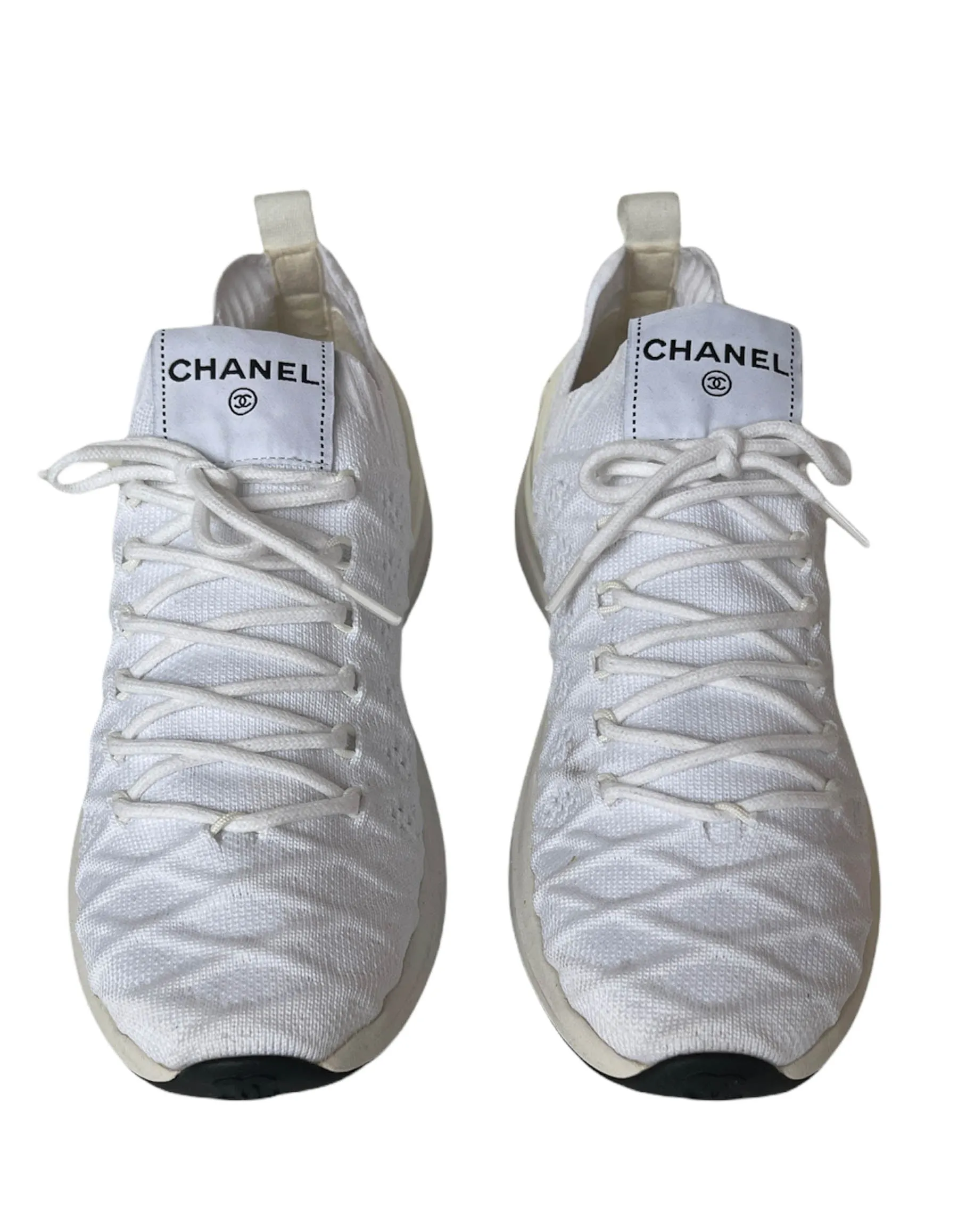 Chanel White Quilted Knit Sock Low Top Athletic Sneakers sz 38.5