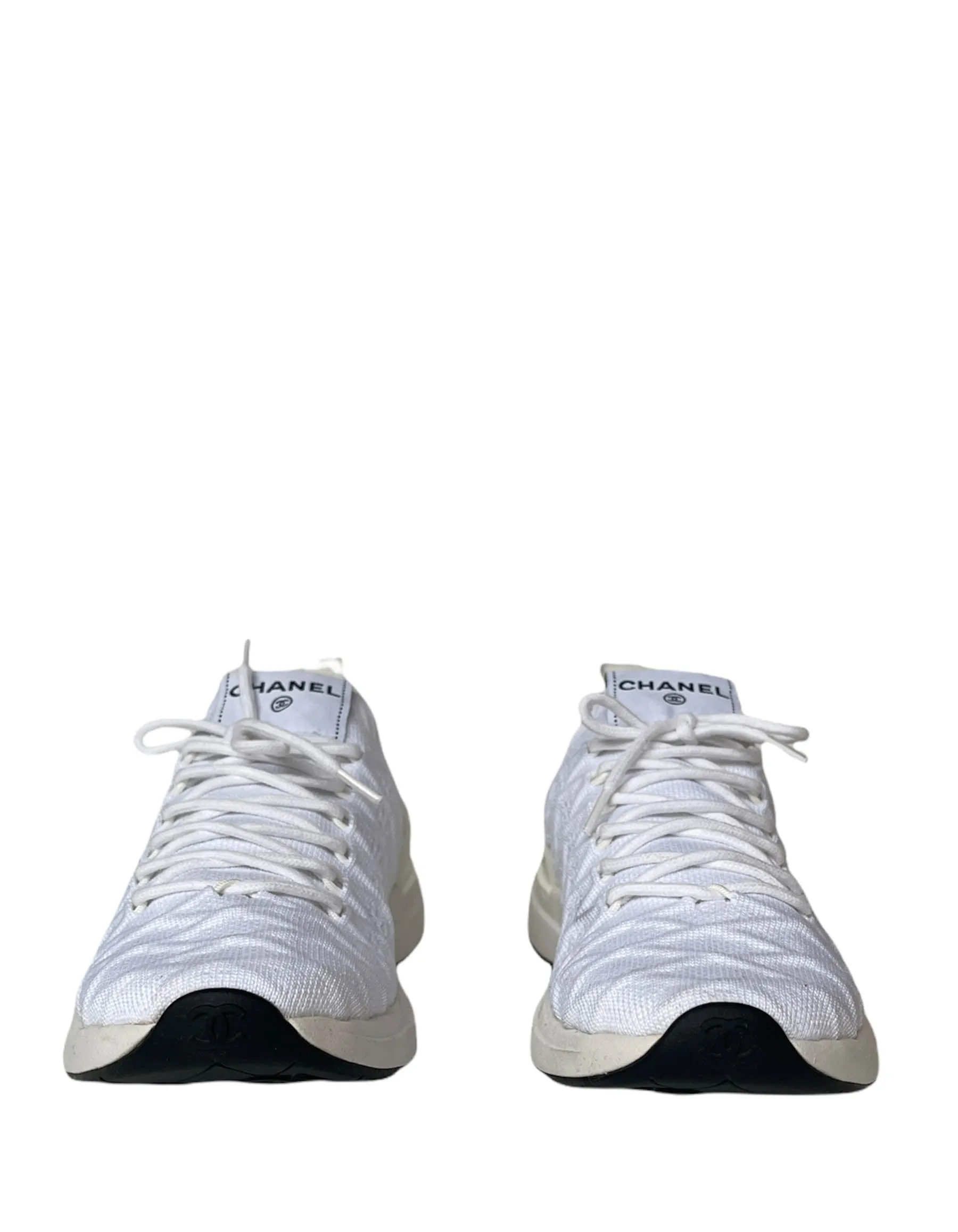 Chanel White Quilted Knit Sock Low Top Athletic Sneakers sz 38.5