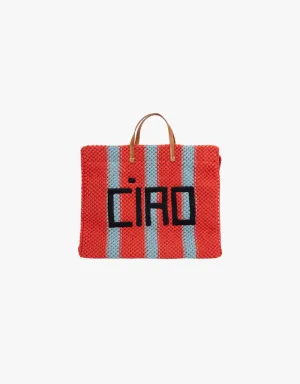Clare V. Summer Simple Tote in Bright Pop Sunfaded Blue Crochet Stripe with Ciao