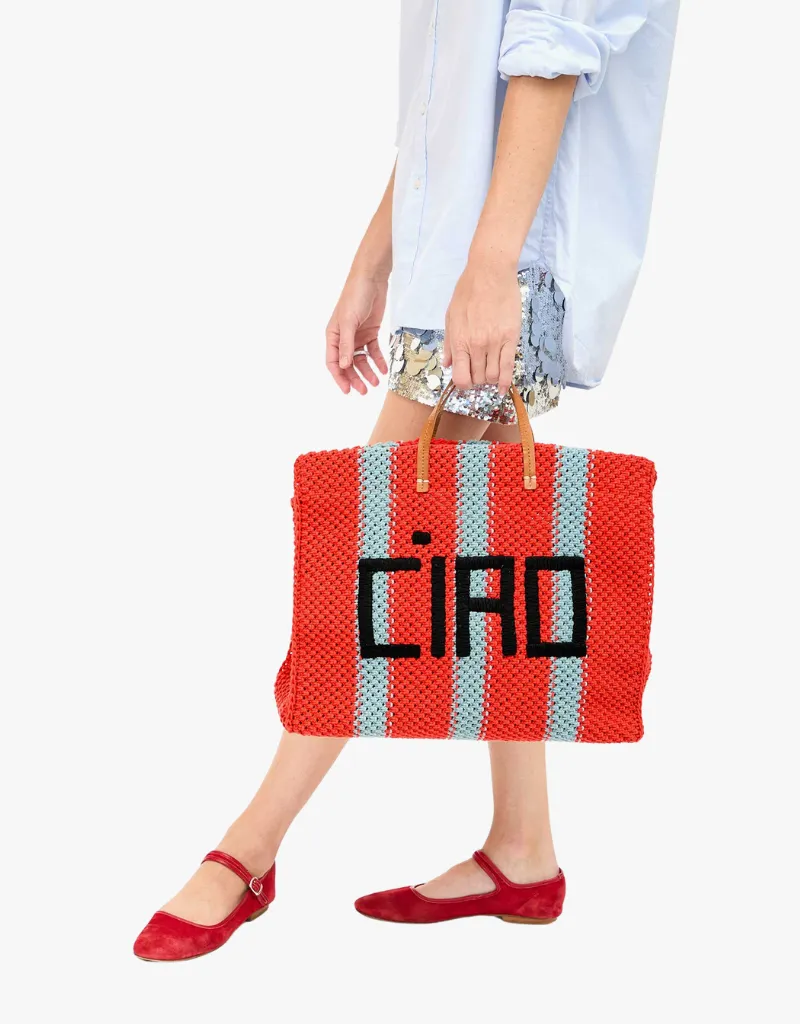 Clare V. Summer Simple Tote in Bright Pop Sunfaded Blue Crochet Stripe with Ciao
