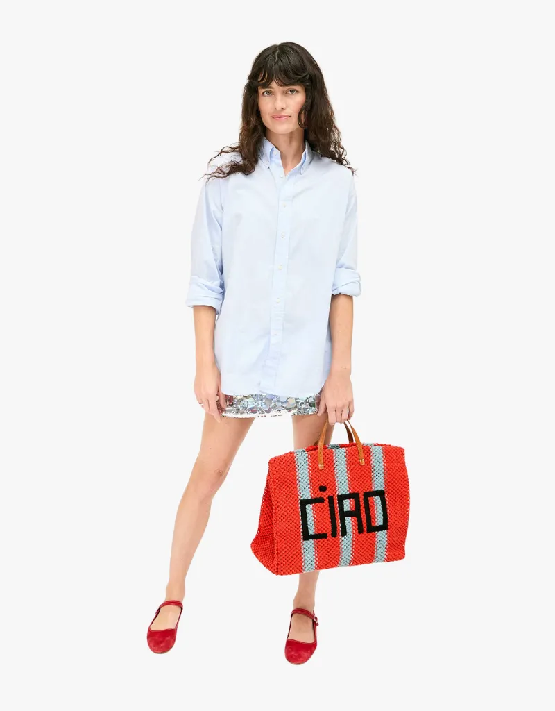Clare V. Summer Simple Tote in Bright Pop Sunfaded Blue Crochet Stripe with Ciao