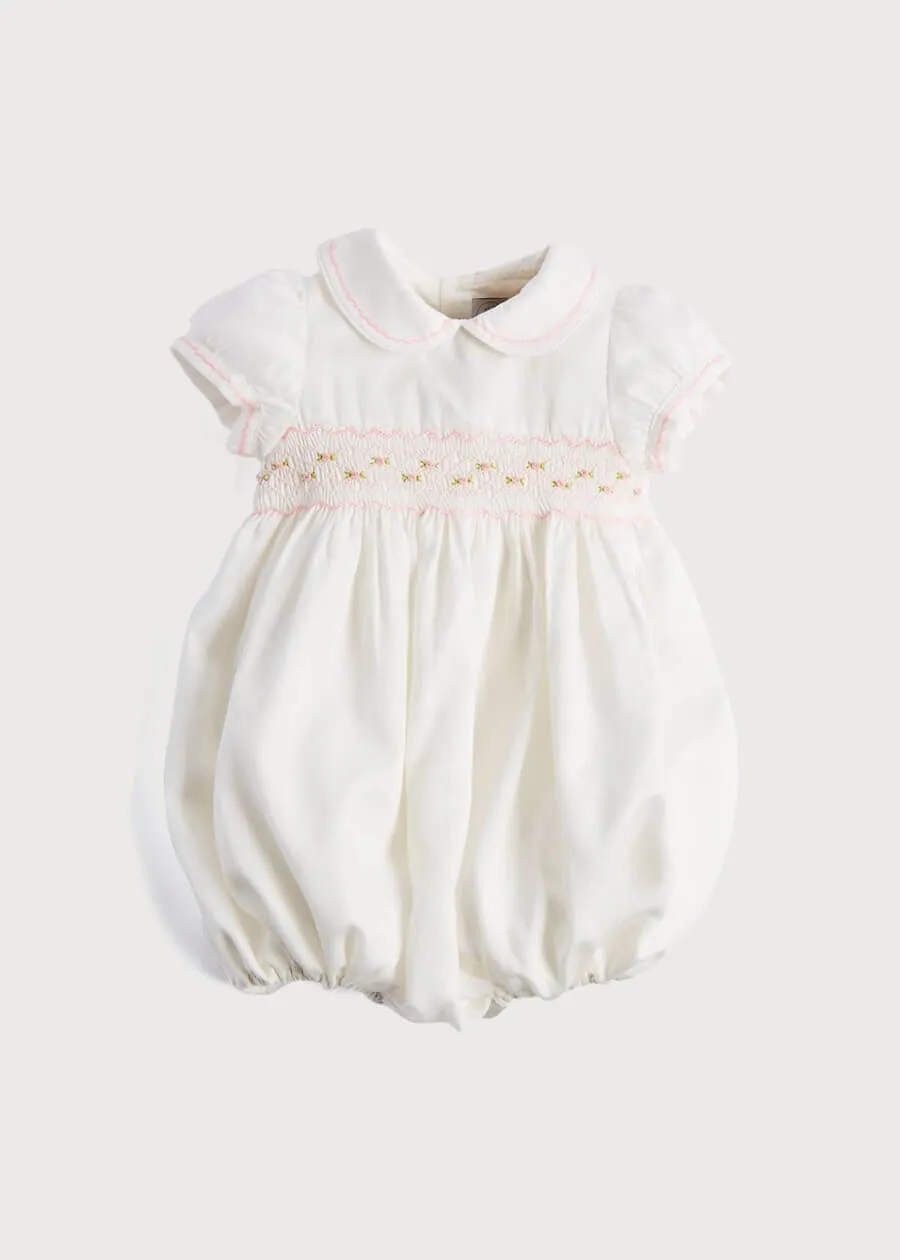 Classic Off-White Pink Hand Smocked Romper (3-18mths)