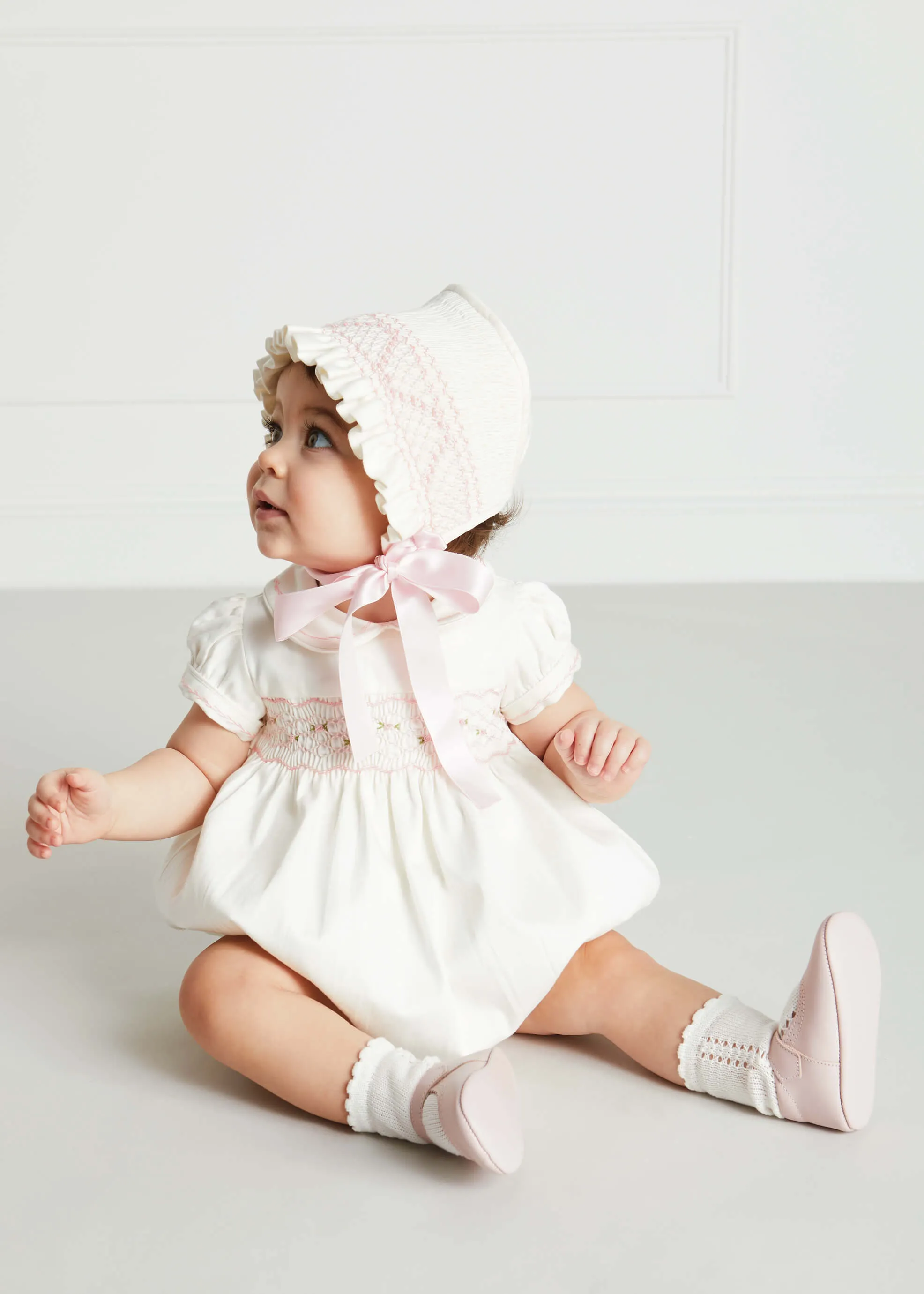 Classic Off-White Pink Hand Smocked Romper (3-18mths)