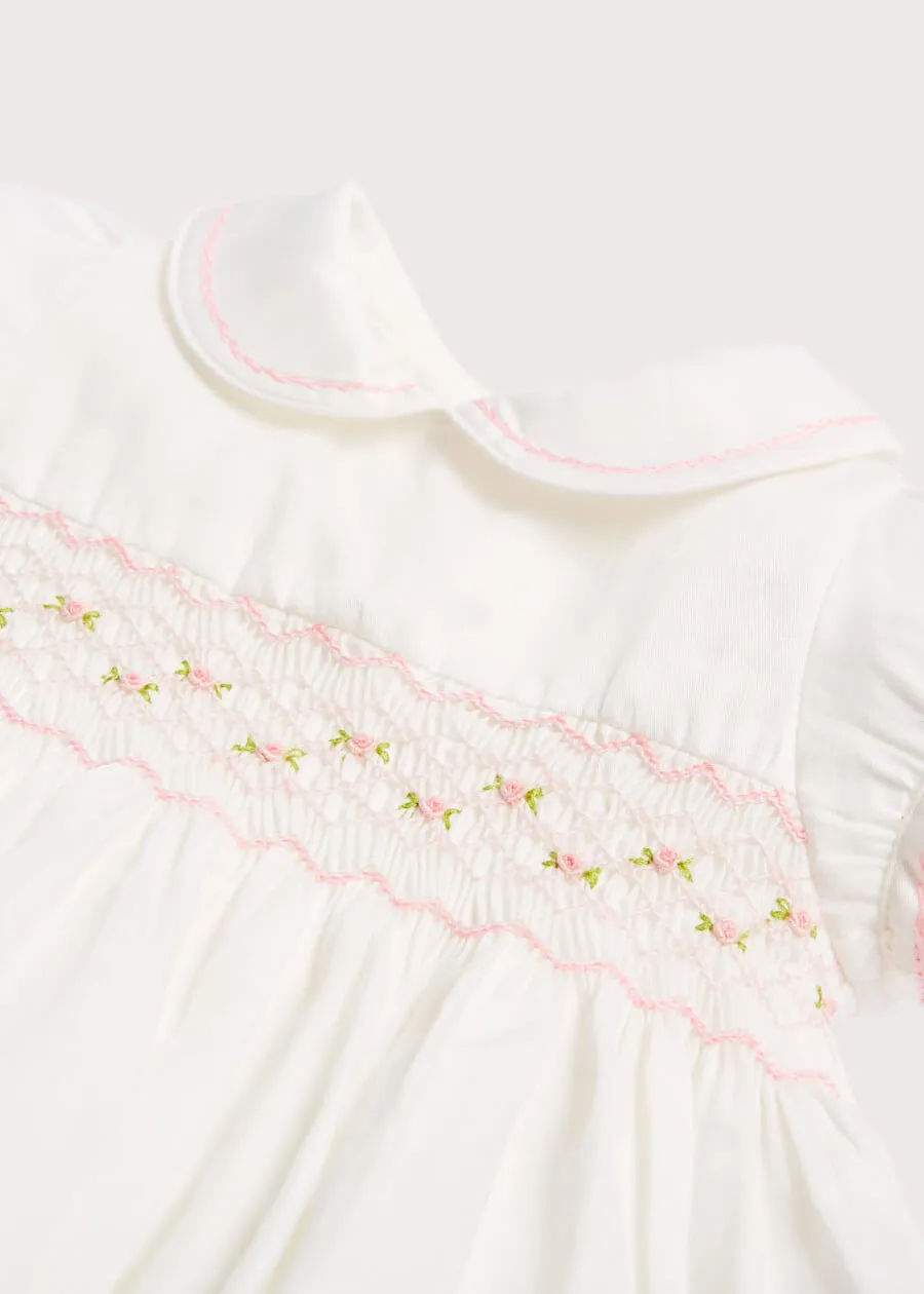 Classic Off-White Pink Hand Smocked Romper (3-18mths)