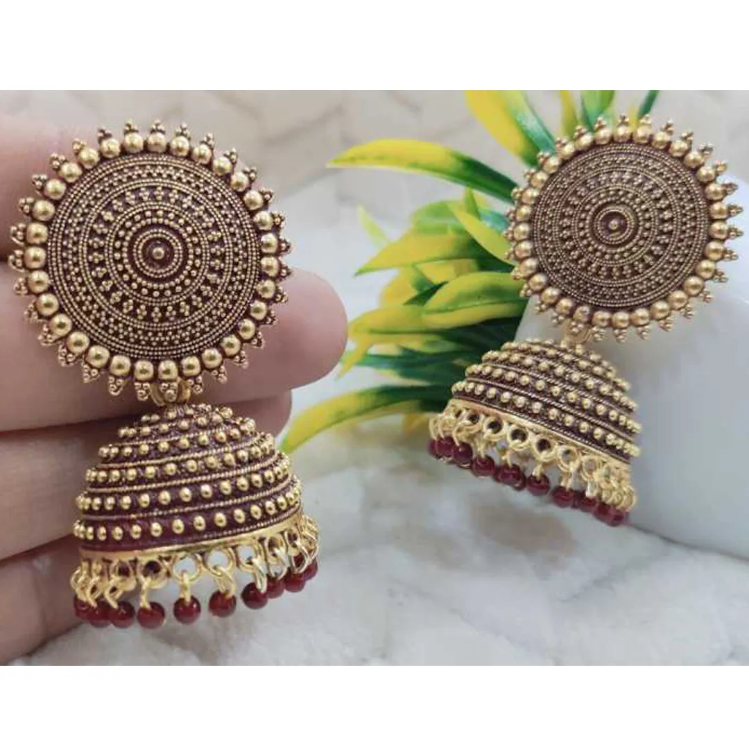 Combo of 2 Peach and Maroon Pearls Dome Shape Jhumki