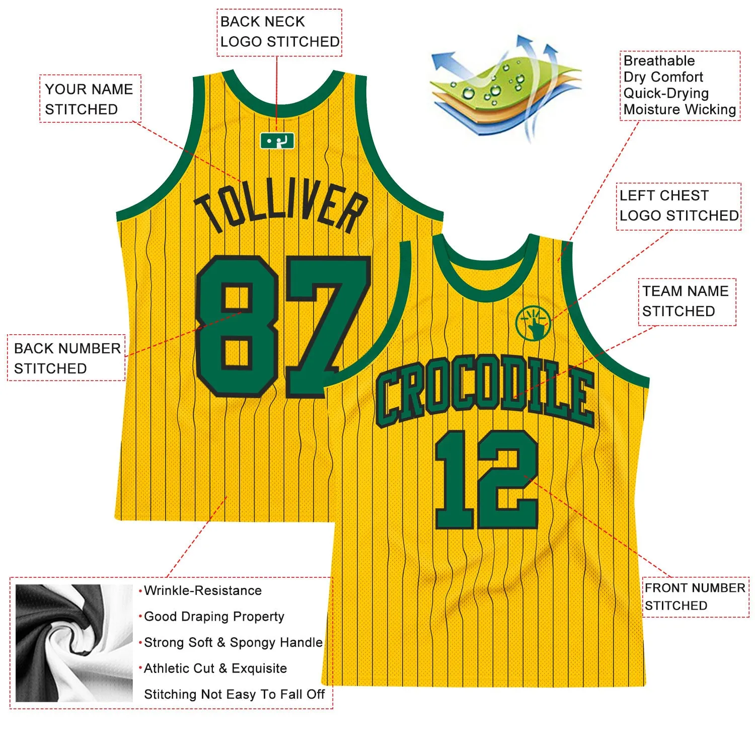 Custom Gold Black Pinstripe Kelly Green Authentic Basketball Jersey