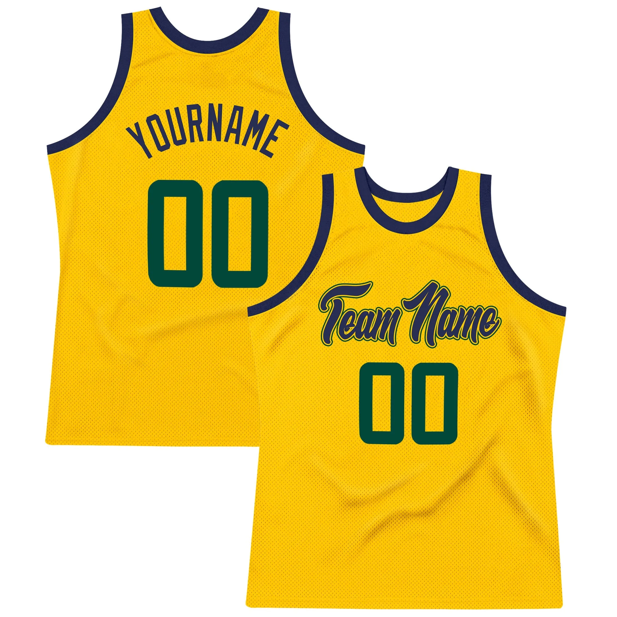 Custom Gold Hunter Green-Navy Authentic Throwback Basketball Jersey