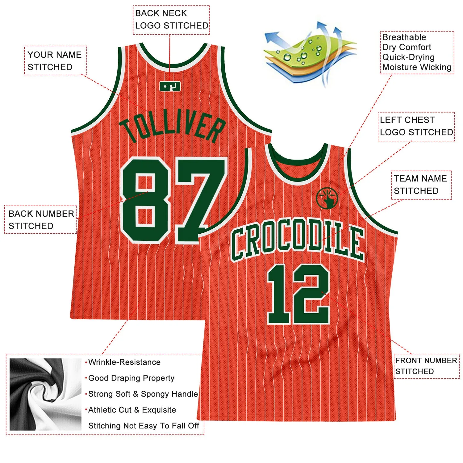 Custom Orange White Pinstripe Green Authentic Basketball Jersey