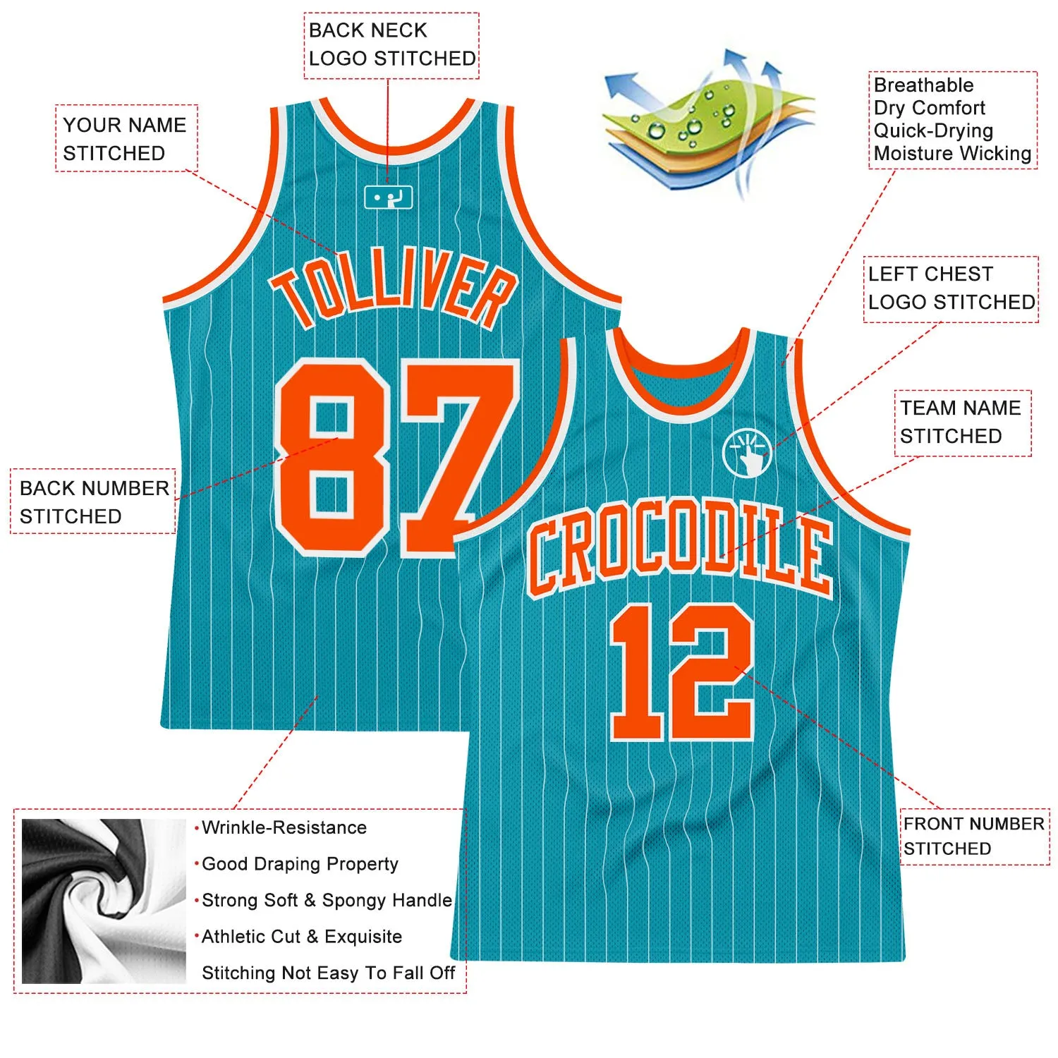 Custom Teal White Pinstripe Orange Authentic Basketball Jersey