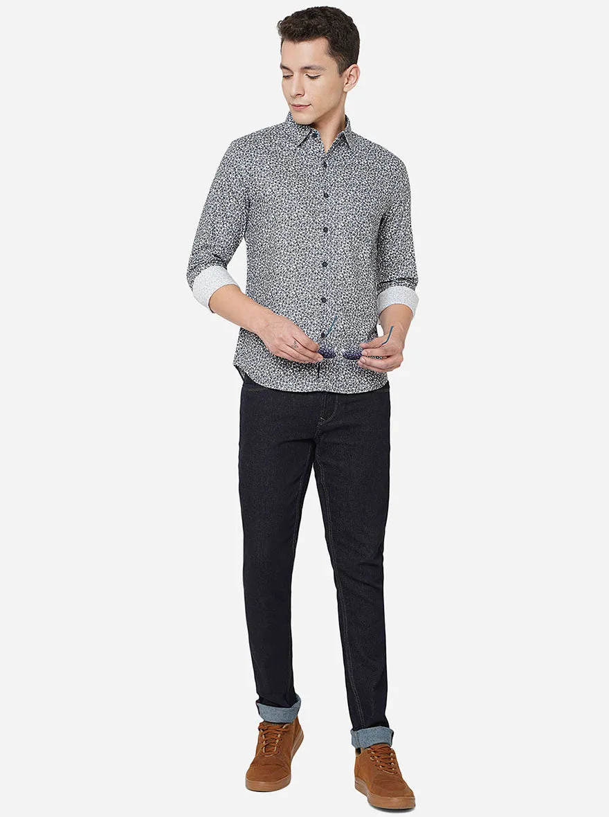 Dark Grey Printed Slim Fit Semi Casual Shirt | Greenfibre