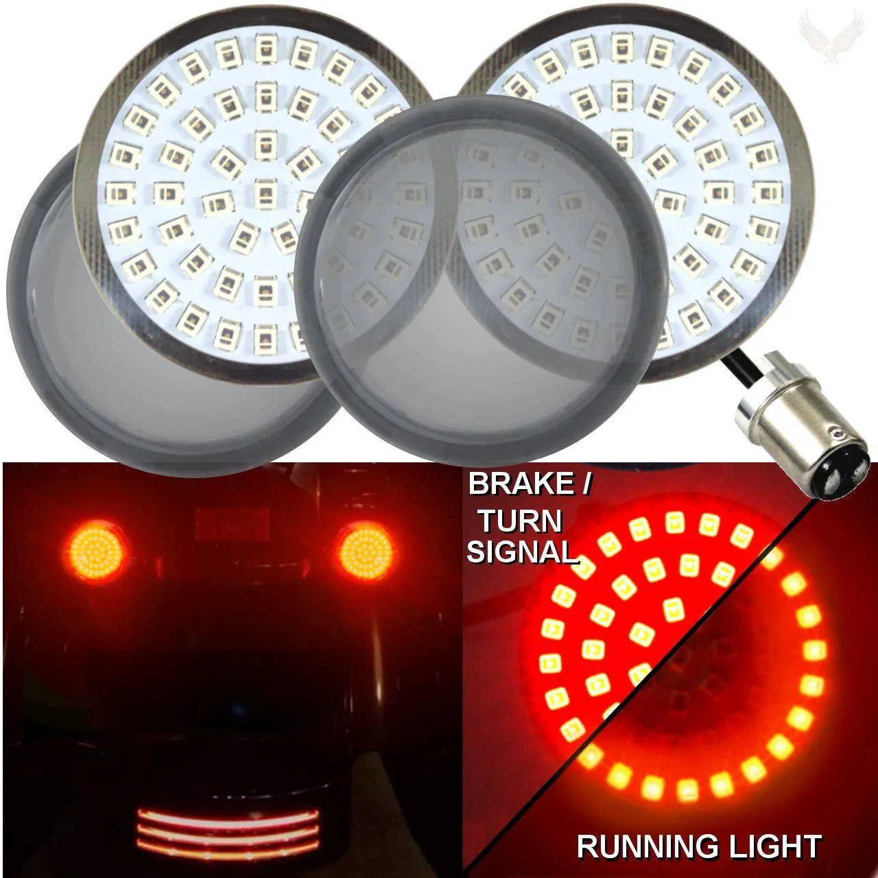 Eagle Lights Rear LED Turn Signal, Brake and Halo Running Light Kit for Harley Davidson Motorcycles - Generation II / 1157 Base / Halo Design